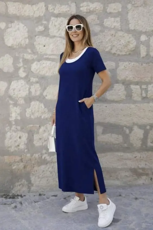 Women's Short Sleeve Long Viscose Dress with Side Slits and Inner Tank Top Look - 3