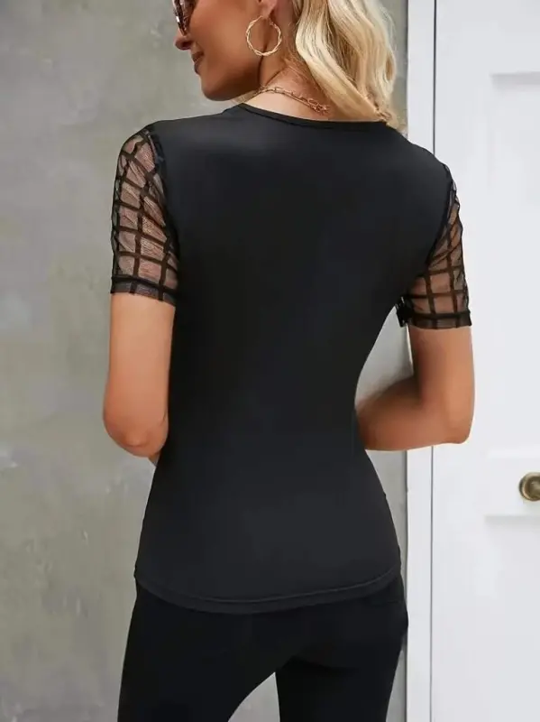 Women's Short Sleeve Low-Cut Droplet Net Tulle Detailed Viscose Blouse - 3