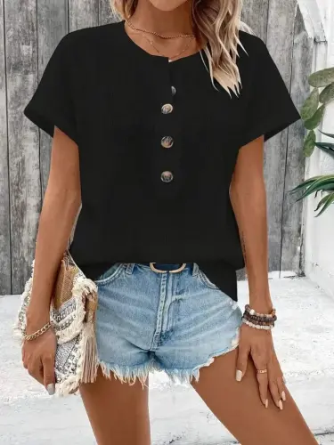 Women's Short Sleeve Low-Cut Front Buttoned Waffle Blouse - BÜYÜKBEDENIZ (1)