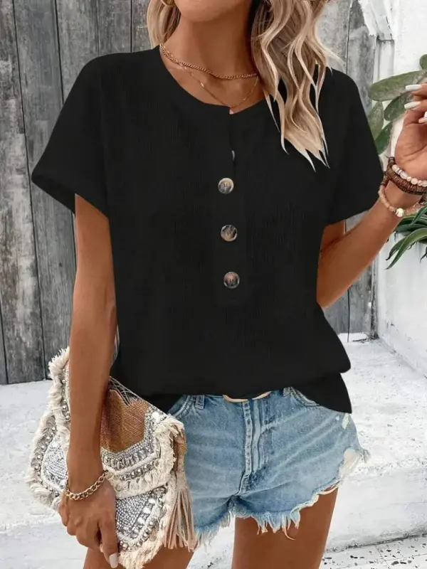 Women's Short Sleeve Low-Cut Front Buttoned Waffle Blouse - 6