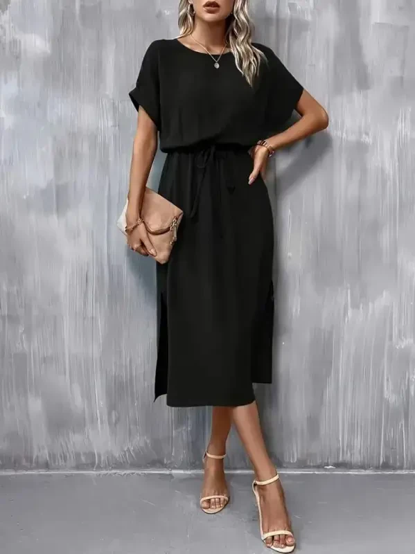 Women's Short Sleeve Low Cut Tie Waist Slit Viscose Dress - 2