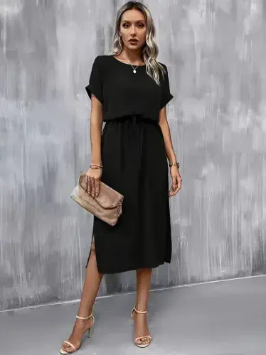 Women's Short Sleeve Low Cut Tie Waist Slit Viscose Dress - 3