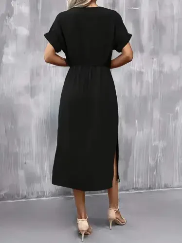 Women's Short Sleeve Low Cut Tie Waist Slit Viscose Dress - 4