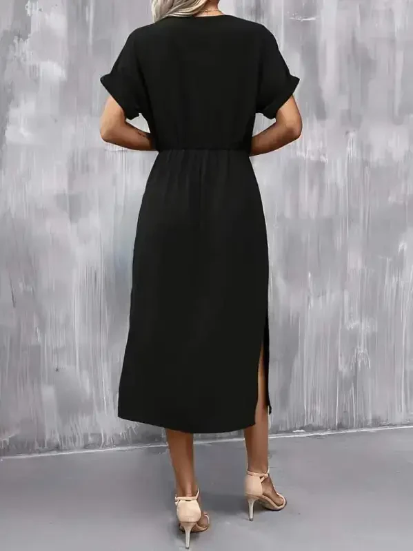 Women's Short Sleeve Low Cut Tie Waist Slit Viscose Dress - 4