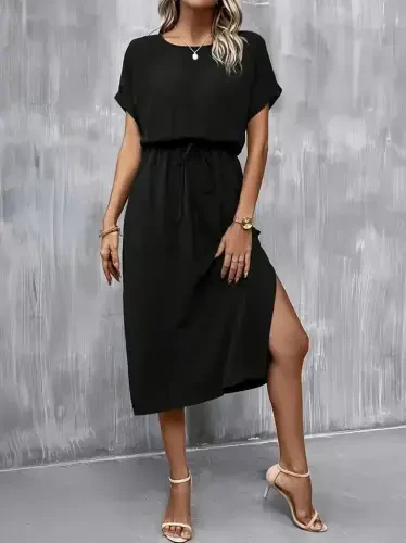 Women's Short Sleeve Low Cut Tie Waist Slit Viscose Dress - 5