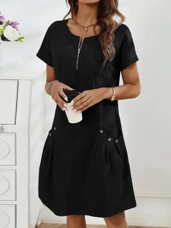 Women's Short Sleeve Low-Cut Zippered Pocket Detailed Imported Linen Dress - 1