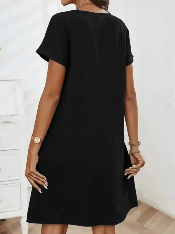 Women's Short Sleeve Low-Cut Zippered Pocket Detailed Imported Linen Dress - 2