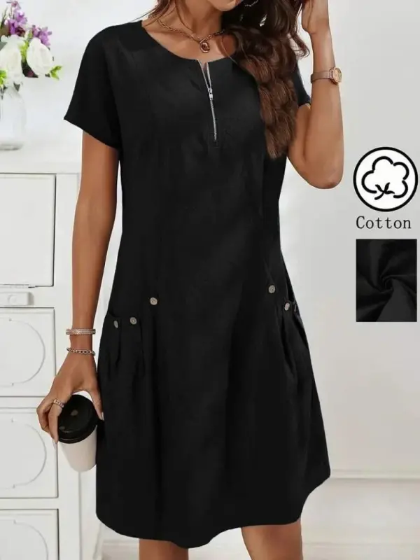 Women's Short Sleeve Low-Cut Zippered Pocket Detailed Imported Linen Dress - 3