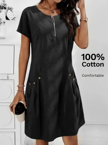 Women's Short Sleeve Low-Cut Zippered Pocket Detailed Imported Linen Dress - 4