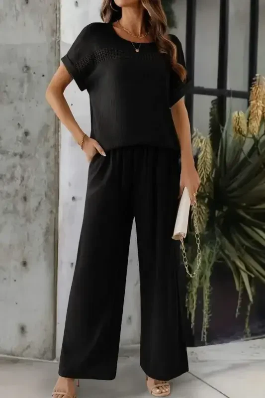 Women's Short Sleeve Low Neck Aerobin Blouse and Pants Set - 1