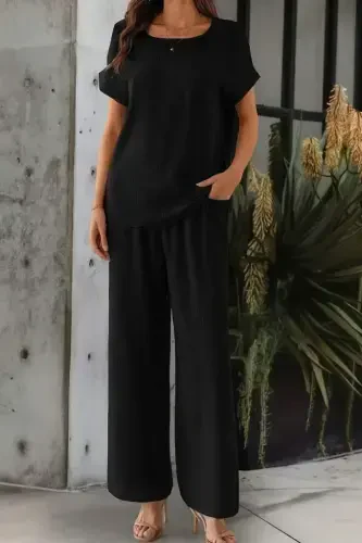 Women's Short Sleeve Low Neck Aerobin Blouse and Pants Set - 2