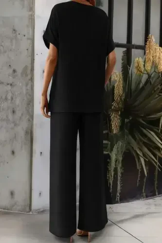 Women's Short Sleeve Low Neck Aerobin Blouse and Pants Set - 3