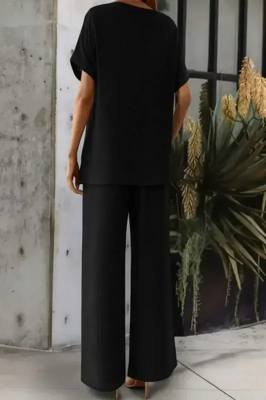 Women's Short Sleeve Low Neck Aerobin Blouse and Pants Set - 3