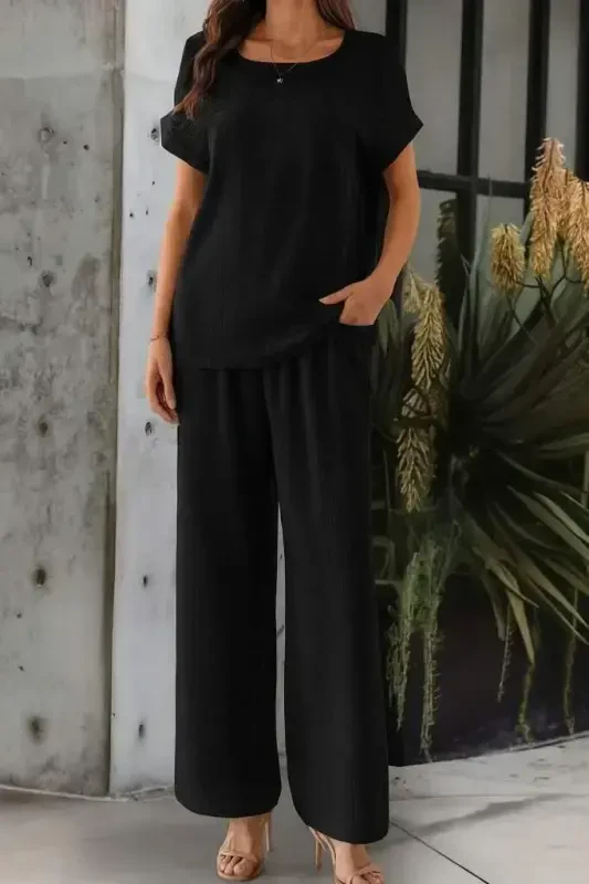 Women's Short Sleeve Low Neck Aerobin Blouse and Pants Set - 4