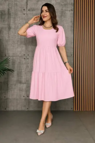 Women's Short Sleeve Low Neck Tiered Crinkle Balloon Dress - 3