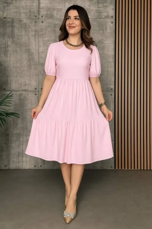 Women's Short Sleeve Low Neck Tiered Crinkle Balloon Dress - BÜYÜKBEDENIZ