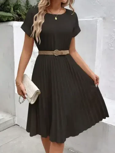 Women's Short Sleeve Low Neckline Waist Elastic Pleated Short Imported Crepe Dress - 1