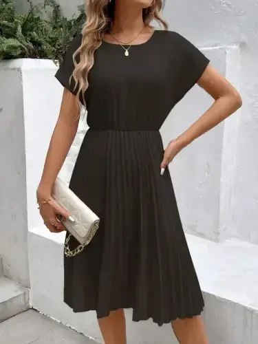 Women's Short Sleeve Low Neckline Waist Elastic Pleated Short Imported Crepe Dress - BÜYÜKBEDENIZ (1)
