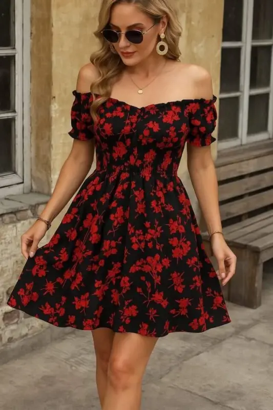 Women's Short Sleeve Madonna Collar Elastic Waist Floral Print Short Süprem Dress - BÜYÜKBEDENIZ