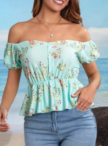 Women's Short Sleeve Madonna Collar Floral Patterned Button Detailed Guipure Cotton Blouse - 10