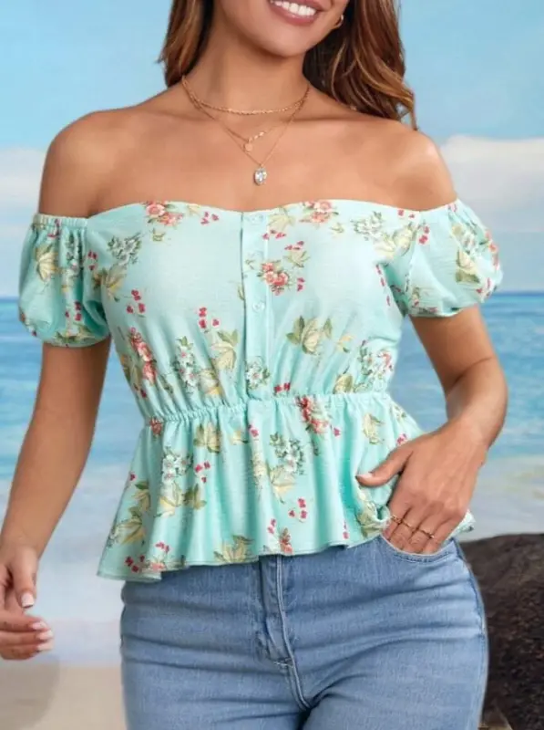 Women's Short Sleeve Madonna Collar Floral Patterned Button Detailed Guipure Cotton Blouse - 10