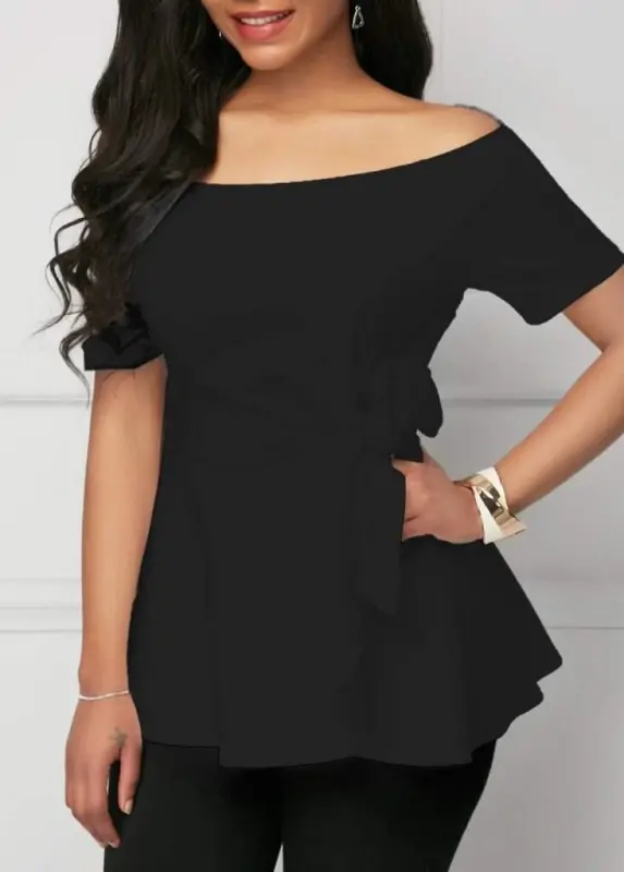 Women's Short Sleeve Madonna Collar Side Tie Imported Crepe Blouse - BÜYÜKBEDENIZ