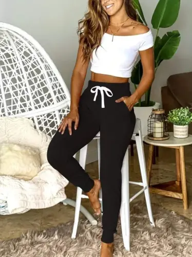 Women's Short Sleeve Madonna Collar Viscose Crop Blouse Pocketed Two Thread Tracksuit Set - 3