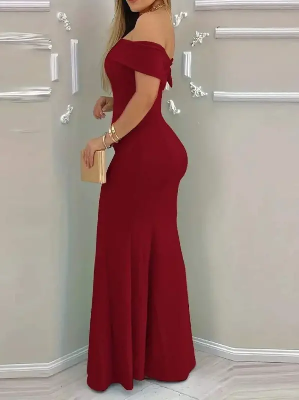 Women's Short Sleeve Madonna Collar Waist-Fitted Long Imported Crepe Dress - 2