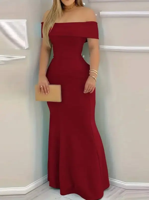 Women's Short Sleeve Madonna Collar Waist-Fitted Long Imported Crepe Dress - 3