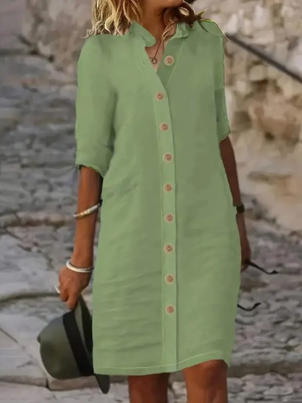 Women's Short Sleeve Mandarin Collar Button-Down Short Muslim Dress - BÜYÜKBEDENIZ