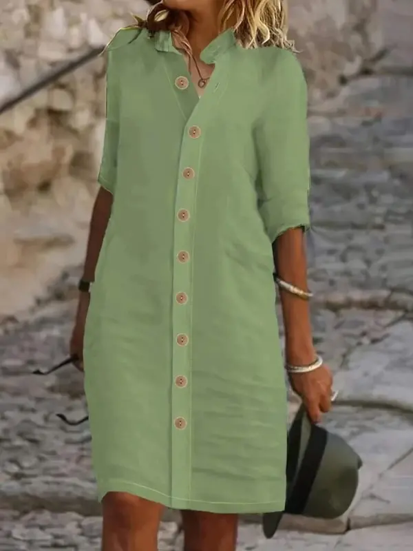 Women's Short Sleeve Mandarin Collar Button-Down Short Muslim Dress - 3