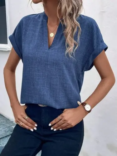 Women's Short Sleeve Mandarin Collar Sofia Blouse - BÜYÜKBEDENIZ (1)