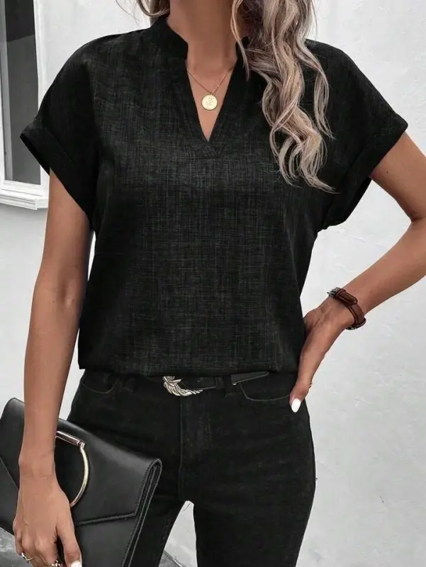 Women's Short Sleeve Mandarin Collar Sofia Blouse - BÜYÜKBEDENIZ