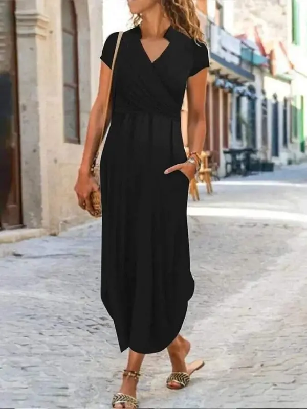 Women's Short Sleeve Mandarin V Neck Viscose Dress - 1