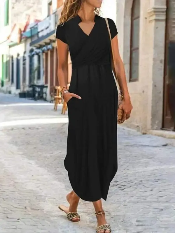 Women's Short Sleeve Mandarin V Neck Viscose Dress - 3