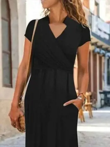 Women's Short Sleeve Mandarin V Neck Viscose Dress - 2