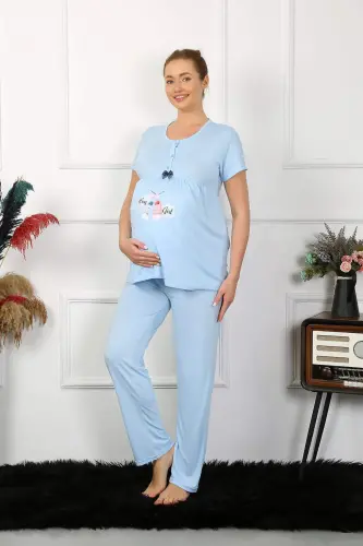 Women's Short Sleeve Maternity and Nursing Pyjama Set Blue 45210 - 2