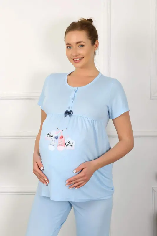 Women's Short Sleeve Maternity and Nursing Pyjama Set Blue 45210 - 4