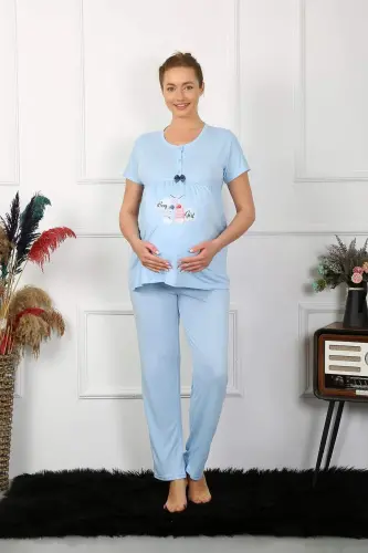 Women's Short Sleeve Maternity and Nursing Pyjama Set Blue 45210 - 5