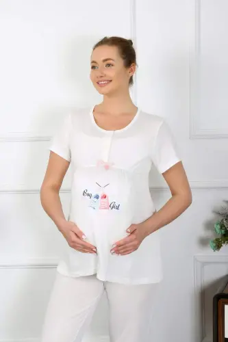 Women's Short Sleeve Maternity and Postpartum Pajama Set Ecru 45210 - BÜYÜKBEDENIZ (1)