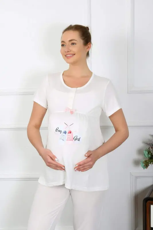 Women's Short Sleeve Maternity and Postpartum Pajama Set Ecru 45210 - 2