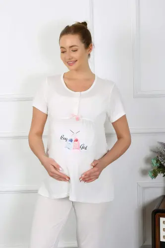 Women's Short Sleeve Maternity and Postpartum Pajama Set Ecru 45210 - 4