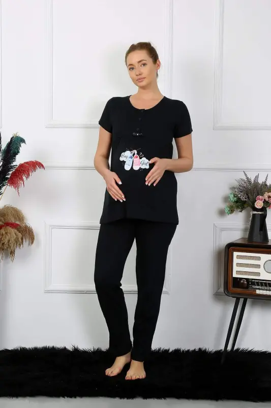 Women's Short Sleeve Maternity Nursing Pajama Set Black 45210 - 4
