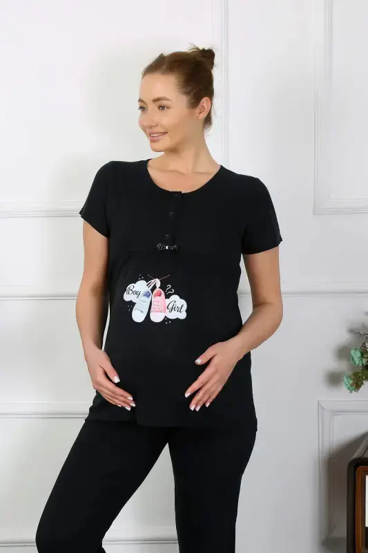 Women's Short Sleeve Maternity Nursing Pajama Set Black 45210 - 5