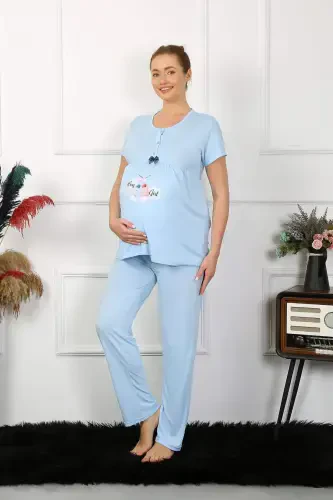 Women's Short Sleeve Maternity Postpartum Pajama Set Blue 45210 - BÜYÜKBEDENIZ (1)