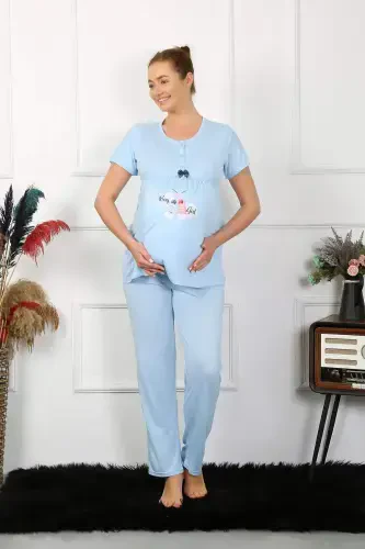 Women's Short Sleeve Maternity Postpartum Pajama Set Blue 45210 - 3