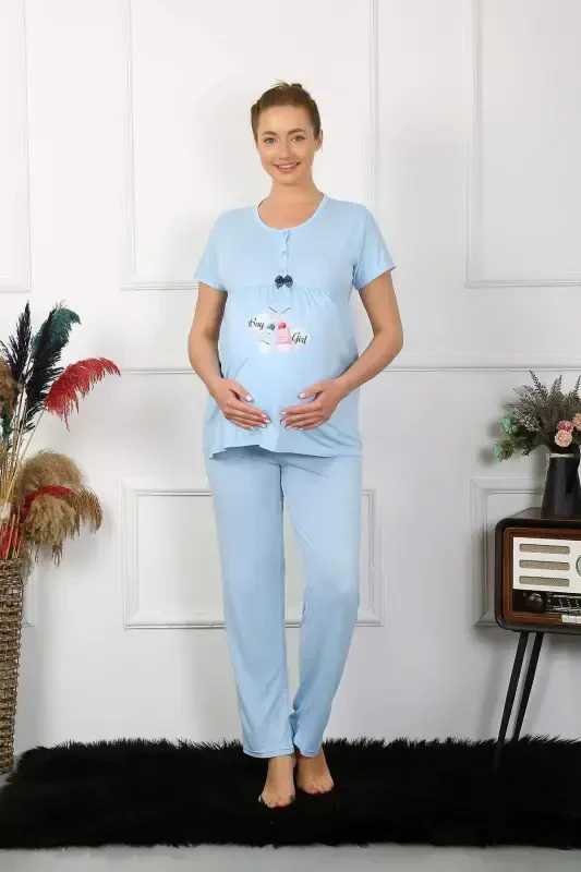 Women's Short Sleeve Maternity Postpartum Pajama Set Blue 45210 - 5