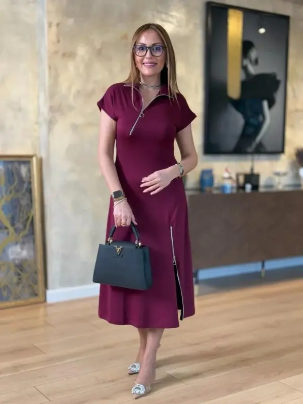 Women's Short Sleeve Midi Viscose Two-Thread Dress with Zipper at Collar and Hem - BÜYÜKBEDENIZ