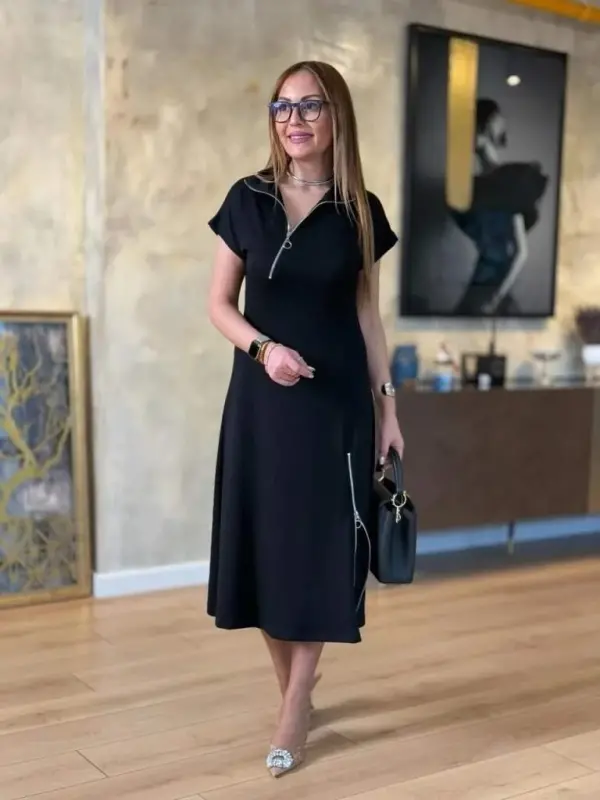 Women's Short Sleeve Midi Viscose Two-Thread Dress with Zipper at Collar and Hem - BÜYÜKBEDENIZ