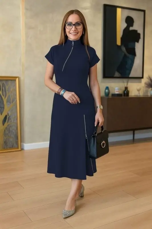 Women's Short Sleeve Midi Viscose Two-Thread Dress with Zipper at Collar and Hem - 1